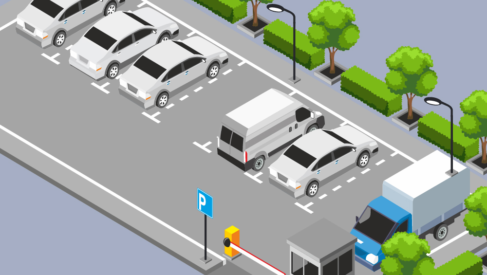 Vector illustration of fleet vehicles lined up in parking lot