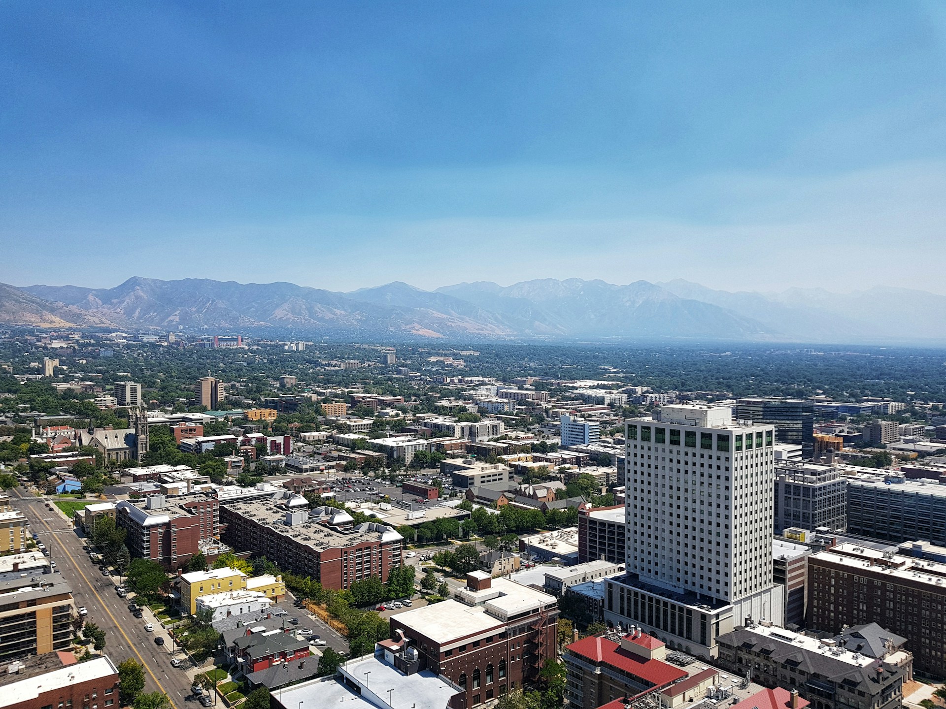 Aerial view of Salt Lake City with haze in the distance